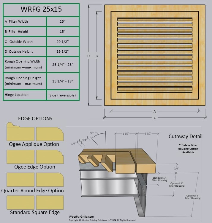 Technical specification details for the 25x15 Wood Return Air Filter Grille