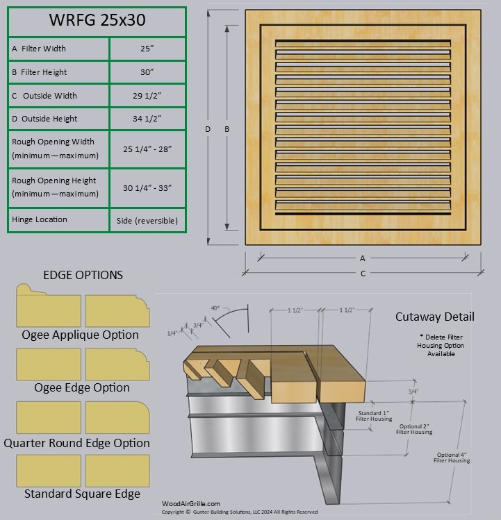 Technical specification details for the 25x30 Wood Return Air Filter Grille