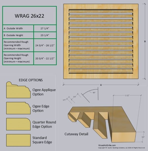 Technical specification details for the 26x22 Wood Return Air Grille