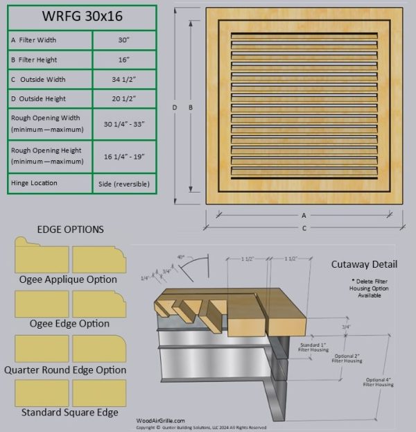 Technical specification details for the 30x16 Wood Return Air Filter Grille