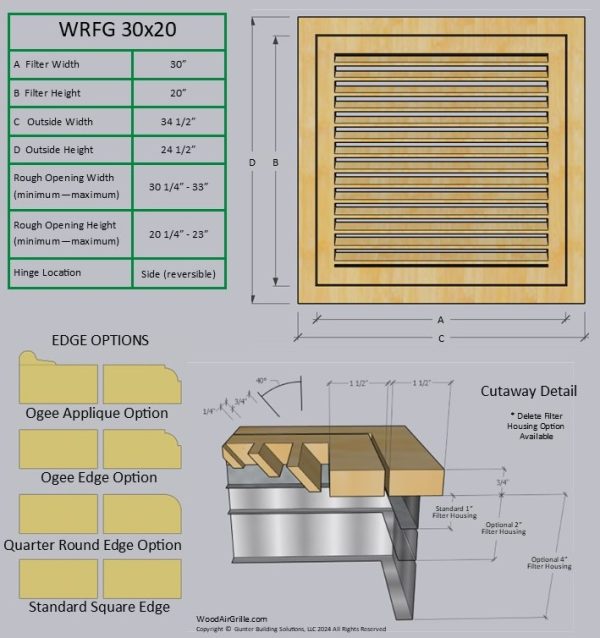 Technical specification details for the 30x20 Wood Return Air Filter Grille