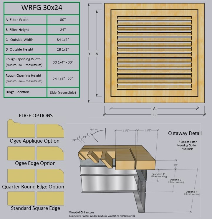 Technical specification details for the 30x24 Wood Return Air Filter Grille