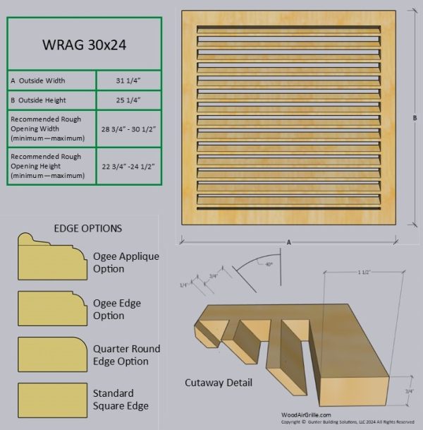 Technical specification details for the 30x24 Wood Return Air Grille