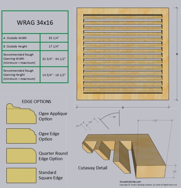 Technical specification details for the 34x16 Wood Return Air Grille