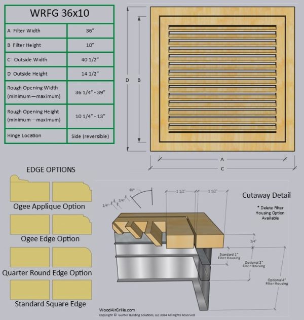 Technical specification details for the 36x10 Wood Return Air Filter Grille