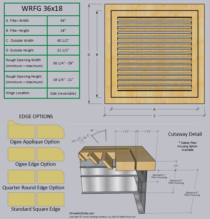 Technical specification details for the 36x18 Wood Return Air Filter Grille