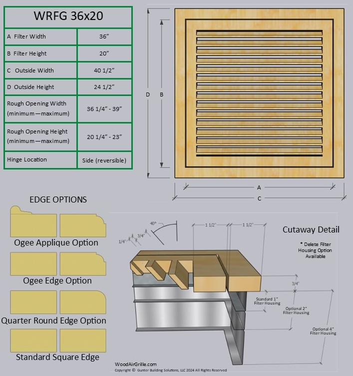 Technical specification details for the 36x20 Wood Return Air Filter Grille
