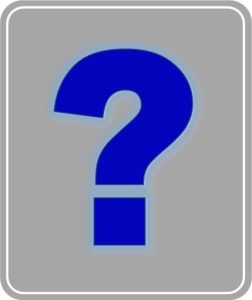 Blue question mark on a gray background with a white border symbolizing FAQ