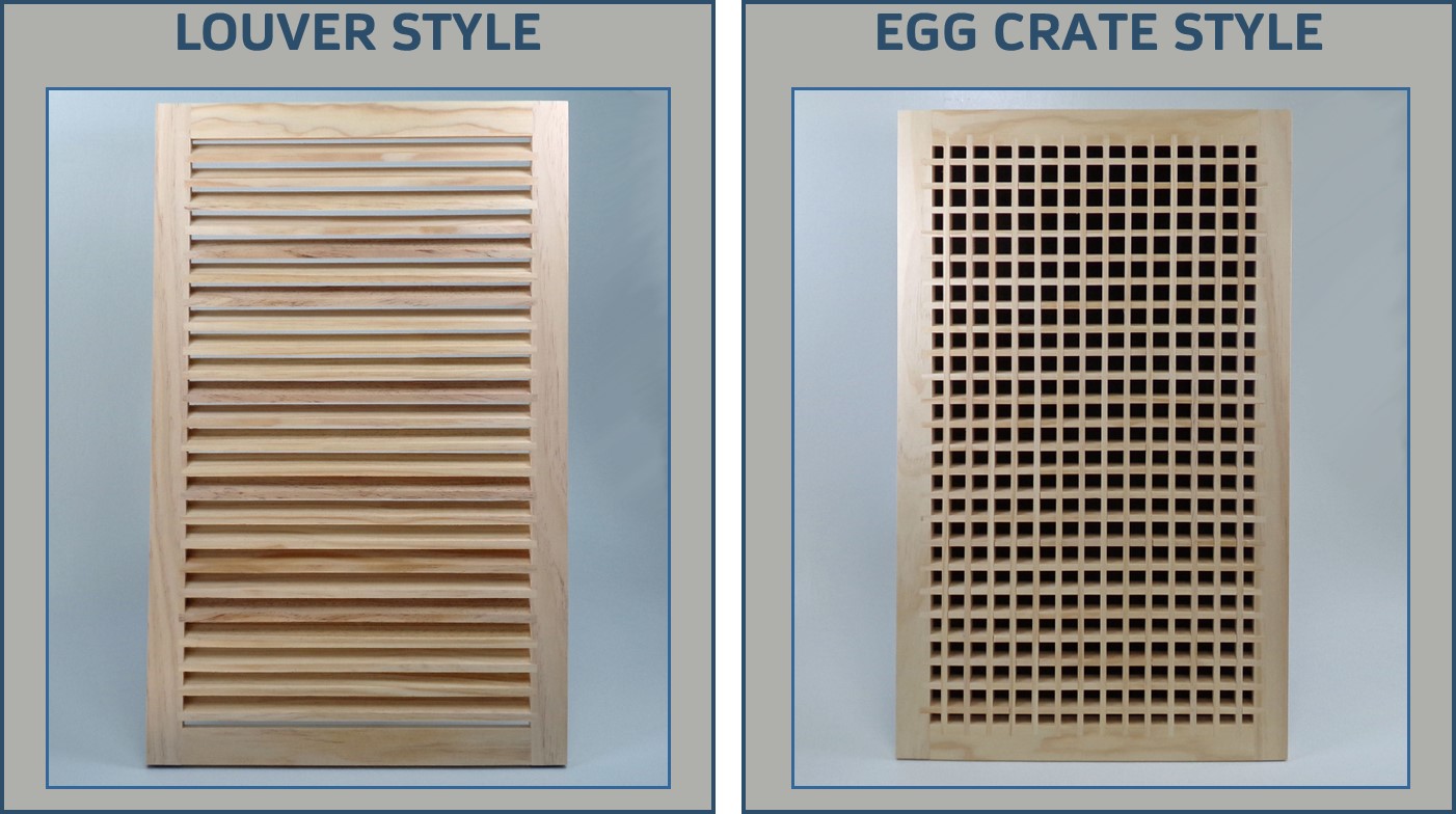 Two panel only wood return air grilles in two different styles side by side. The grille on the left is the louver style and the grille on the right is the egg crate style