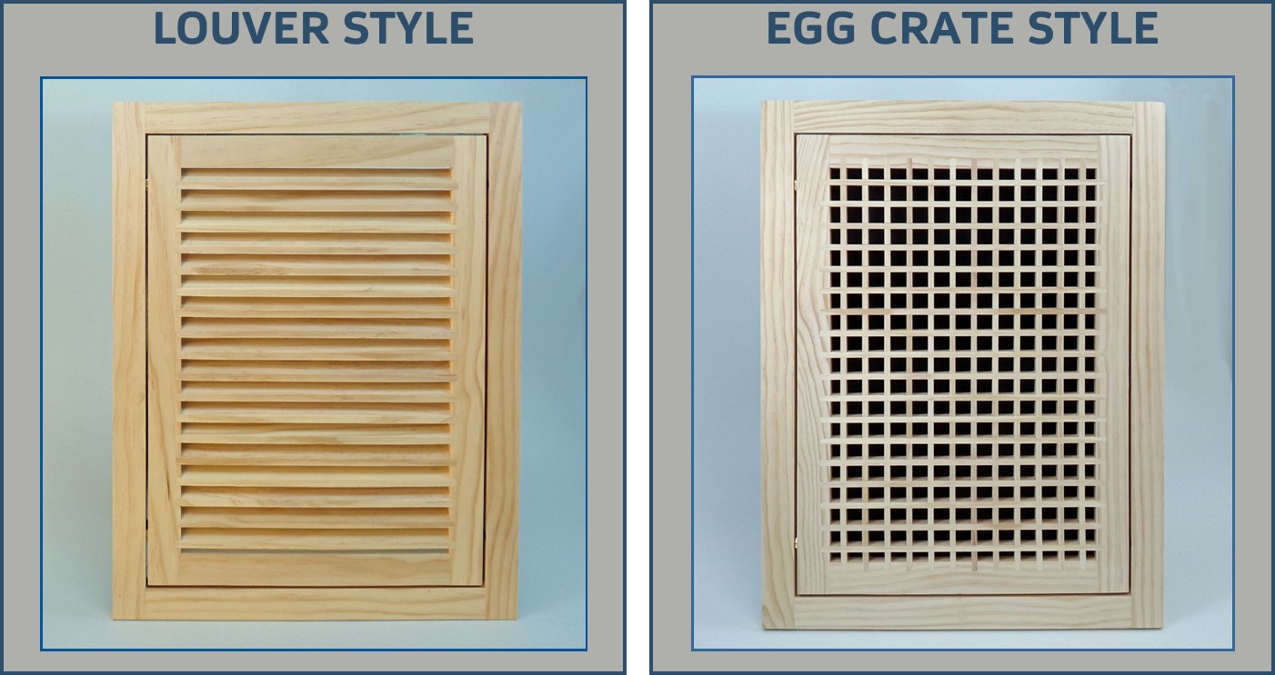 Two Wood Return Air Grilles side by side with blue and gray backgrounds. Left Grille is the Louver Style Wood Return Air Filter Grille and right side is the egg crate style wood return air grille