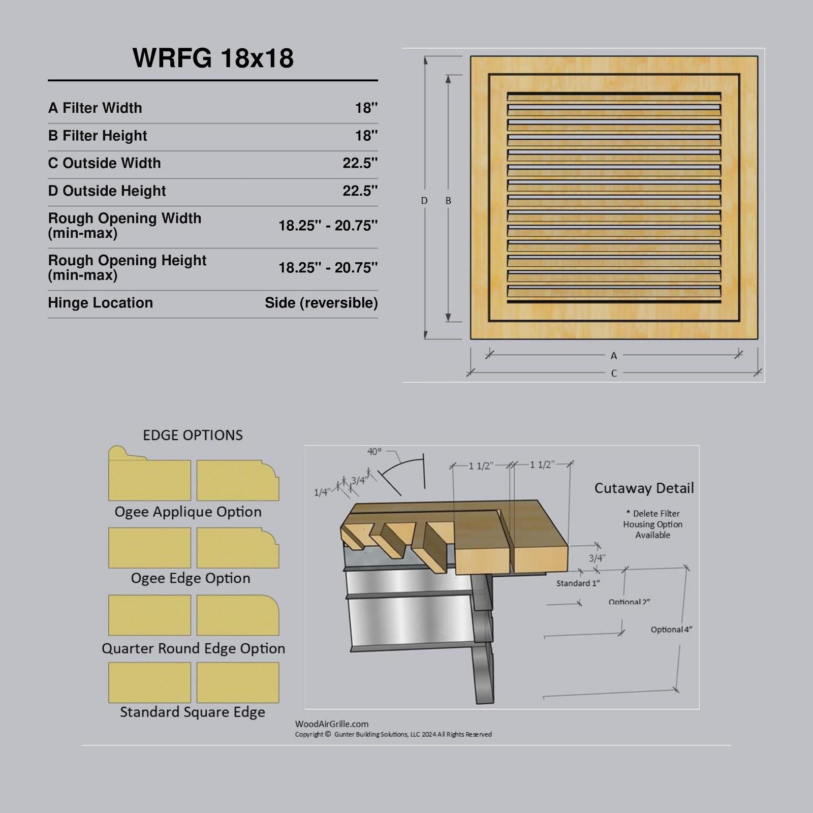 Technical specification details for the 18x18 Wood Return Air Filter Grille