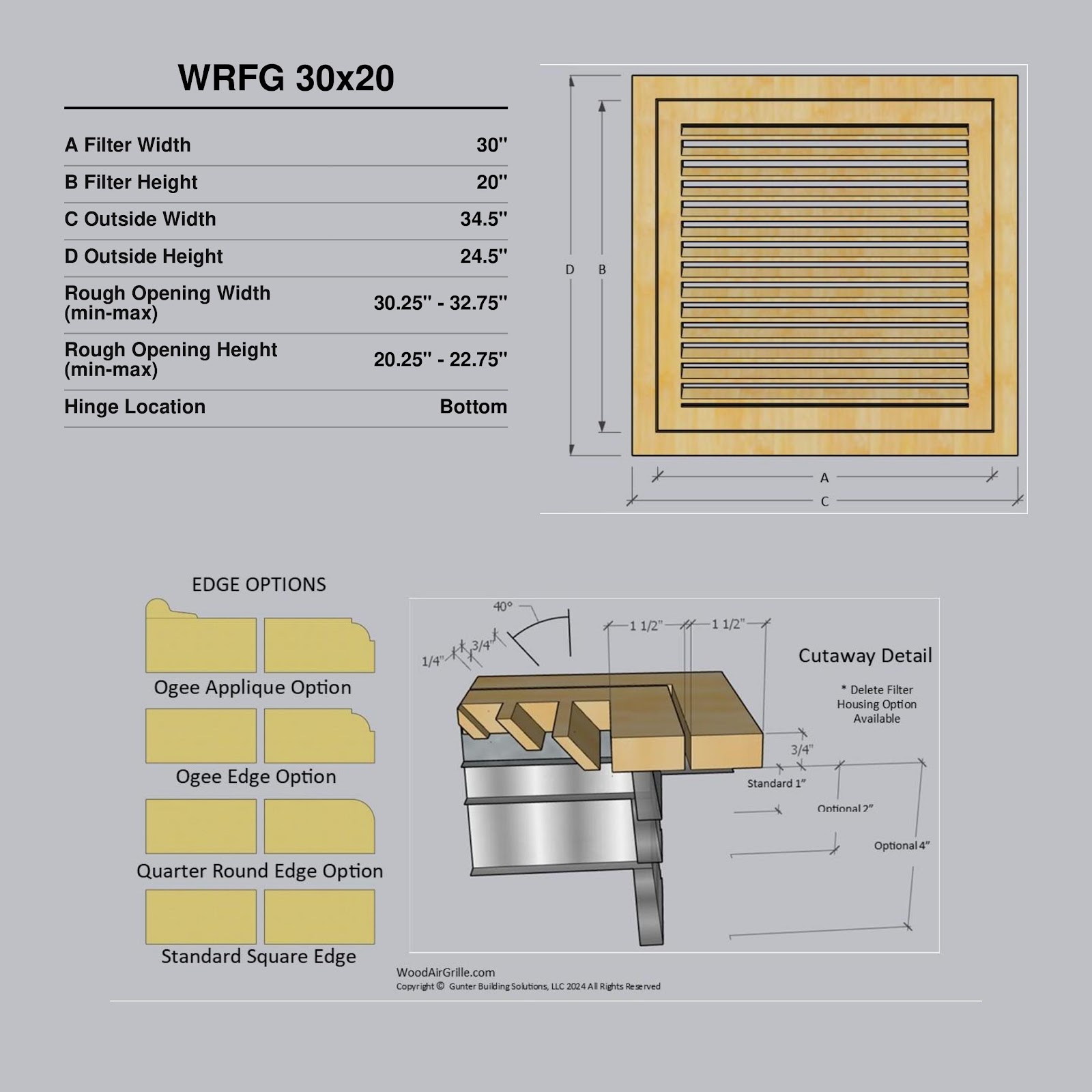 Technical specification details for the 30x20 Wood Return Air Filter Grille