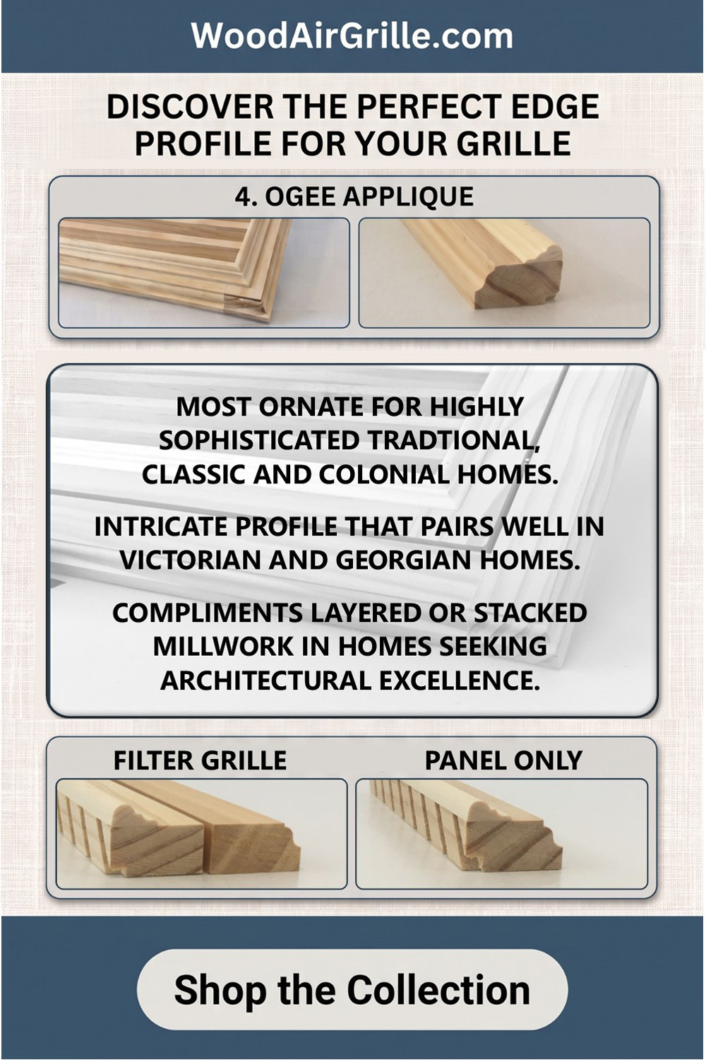 Infographic displaying 4 wood air grille edge profiles from WoodAirGrille.com: 1. Standard Square Edge (flat 90-degree corner), 2. Quarter Round Edge (rounded top corner), 3. Ogee Edge (flowing S-curve), and 4. Ogee Applique (layered decorative curve). The graphic is titled "Discover the perfect edge profile for your grille" and includes a "Shop the Collection" button.